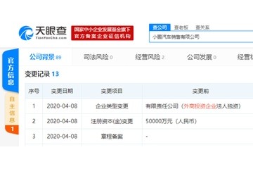 小鹏轿车出售公司半年内再度新增注册资本至15亿元