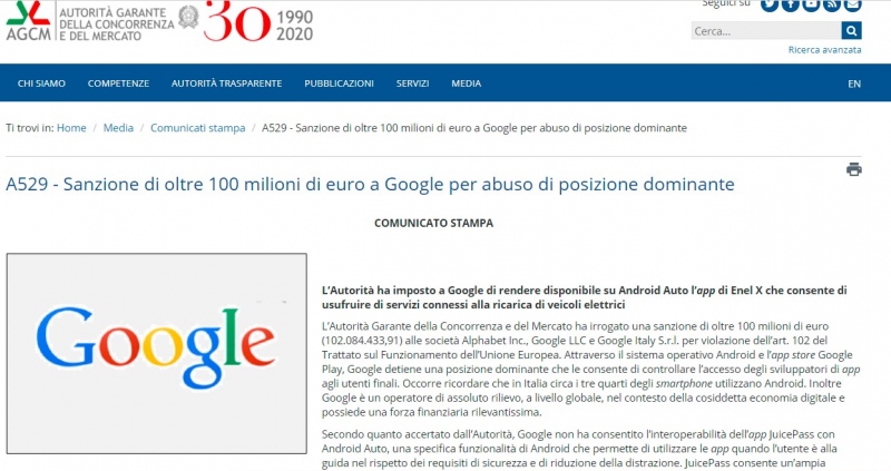 意大利反垄断机构对谷歌罚款1亿欧元